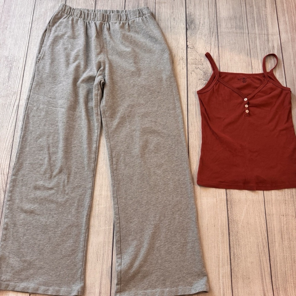 Brandy Melville John Galt Women's Gray Wide Leg Lounge Pants Red Tank Top Set
